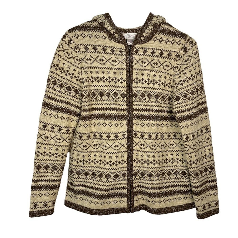 Northern Reflections Womens Fair Isle Full Zip Hooded Sweater Brown Cream S/P
